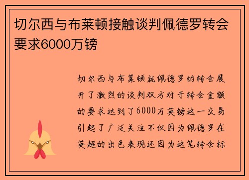 切尔西与布莱顿接触谈判佩德罗转会要求6000万镑