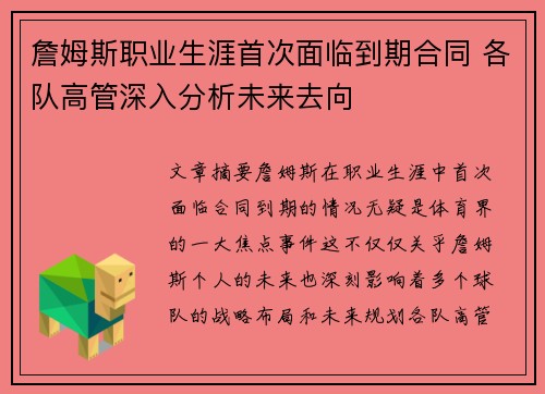 詹姆斯职业生涯首次面临到期合同 各队高管深入分析未来去向