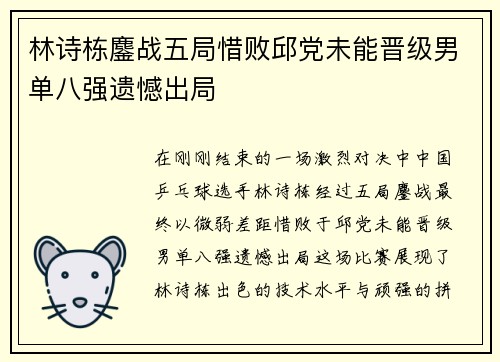 林诗栋鏖战五局惜败邱党未能晋级男单八强遗憾出局